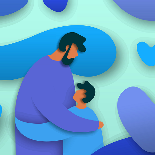 Graphic illustration of a father hugging son